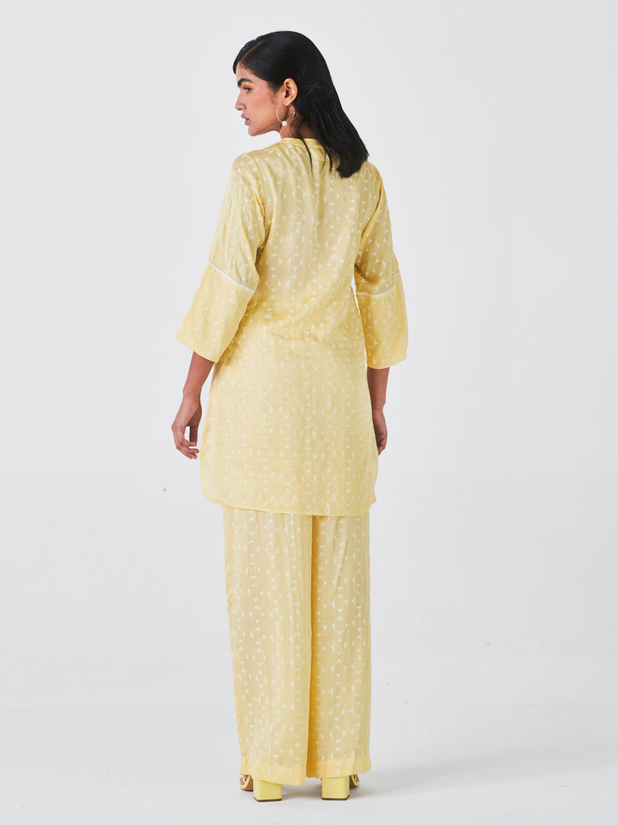 Kaner Kurta Rose Fibre Fabric Set, Yellow Geometric Print