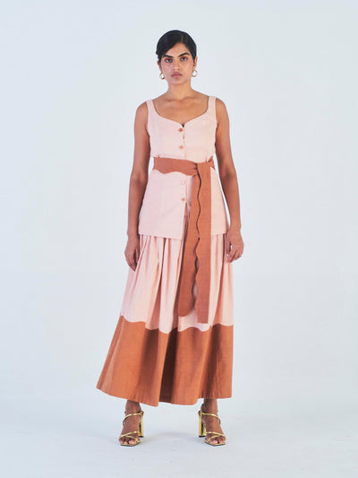 Releve Fashion Little Things Studio Kaveri Sleeveless Top and Skirt Set in Peach and Brown Ethical Luxury Brand Sustainable Clothing Conscious Fashion Purchase with Purpose Shop for Good