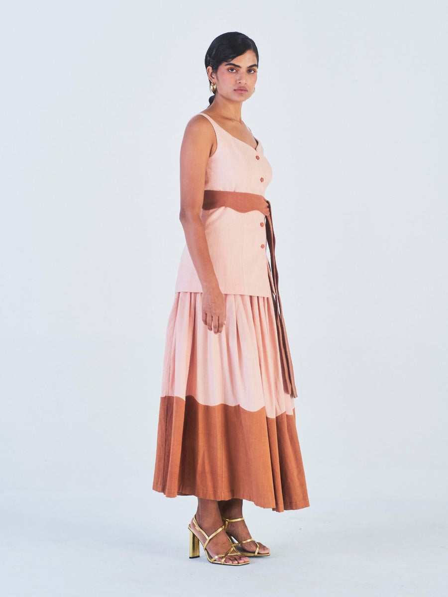 Releve Fashion Little Things Studio Kaveri Sleeveless Top and Skirt Set in Peach and Brown Ethical Luxury Brand Sustainable Clothing Conscious Fashion Purchase with Purpose Shop for Good
