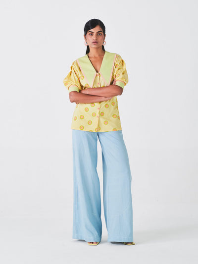 Releve Fashion Little Things Studio Khaskhas Denim Trousers in Sky Blue Sustainable Luxury Fashion Conscious Clothing Ethical Designer Brand Artisanal Handcrafted Purchase with Purpose Shop for Good