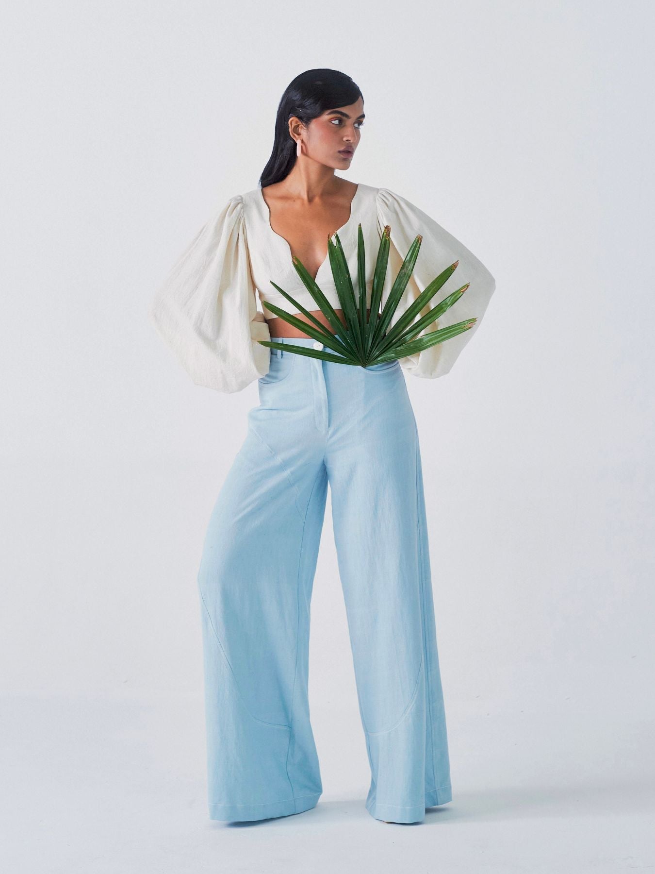 Releve Fashion Little Things Studio Khaskhas Denim Trousers in Sky Blue Sustainable Luxury Fashion Conscious Clothing Ethical Designer Brand Artisanal Handcrafted Purchase with Purpose Shop for Good