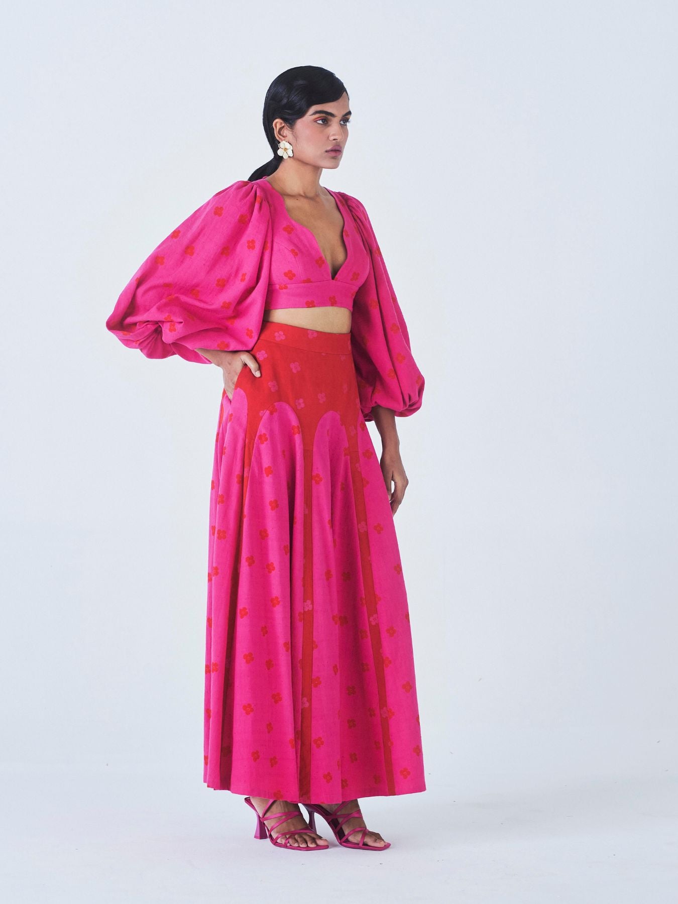 Releve Fashion Little Things Studio Kumudini Crop Top Flared Skirt Co-ord Set Hot Pink Sustainable Luxury Fashion Conscious Clothing Ethical Designer Brand Artisanal Handcrafted Purchase with Purpose Shop for Good