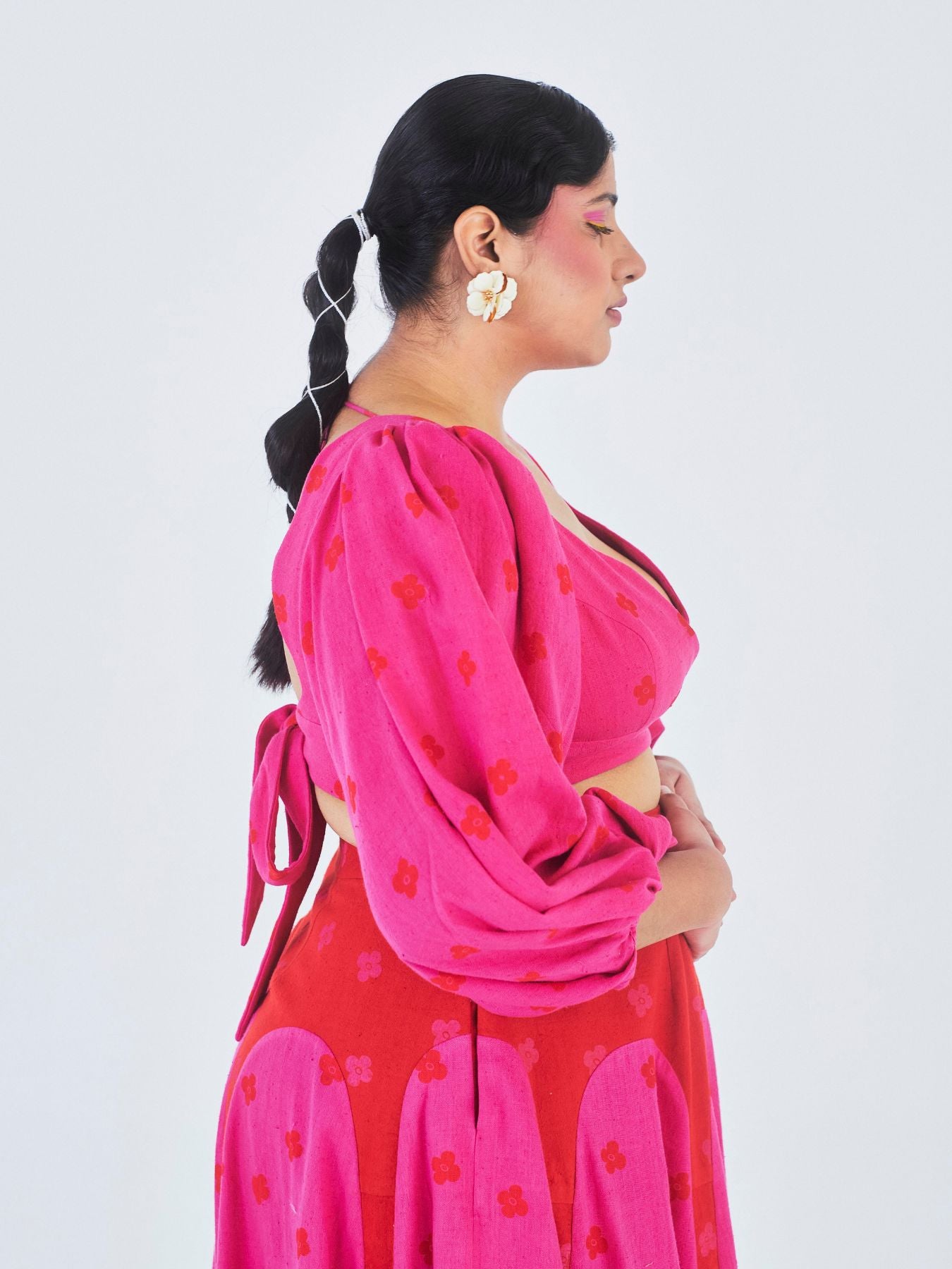 Releve Fashion Little Things Studio Kumudini Crop Top Flared Skirt Co-ord Set Hot Pink Sustainable Luxury Fashion Conscious Clothing Ethical Designer Brand Artisanal Handcrafted Purchase with Purpose Shop for Good