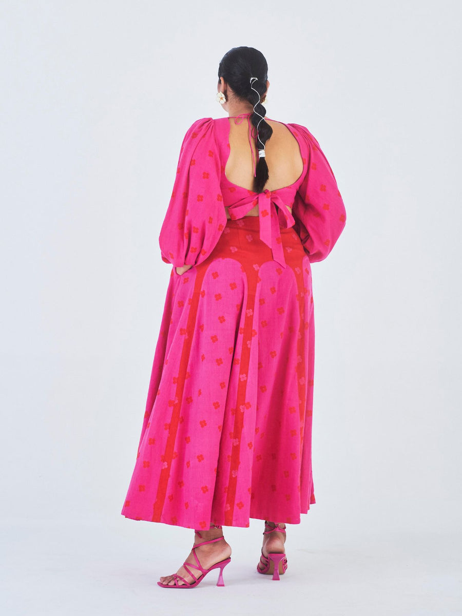 Releve Fashion Little Things Studio Kumudini Crop Top Flared Skirt Co-ord Set Hot Pink Sustainable Luxury Fashion Conscious Clothing Ethical Designer Brand Artisanal Handcrafted Purchase with Purpose Shop for Good