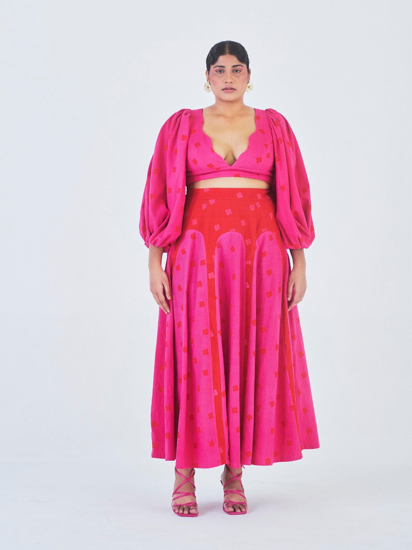Releve Fashion Little Things Studio Kumudini Crop Top Flared Skirt Co-ord Set Hot Pink Sustainable Luxury Fashion Conscious Clothing Ethical Designer Brand Artisanal Handcrafted Purchase with Purpose Shop for Good