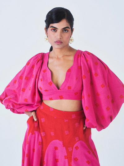 Releve Fashion Little Things Studio Kumudini Crop Top Flared Skirt Co-ord Set Hot Pink Sustainable Luxury Fashion Conscious Clothing Ethical Designer Brand Artisanal Handcrafted Purchase with Purpose Shop for Good