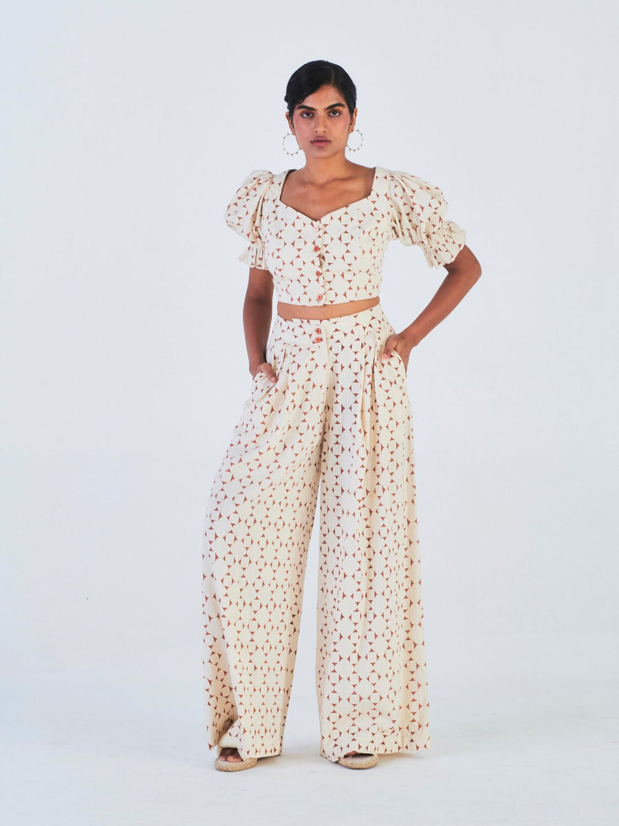Releve Fashion Mogra Crop Top Wide Leg Trousers Set Off-White Geometric Print Sustainable Luxury Fashion Conscious Clothing Ethical Designer Brand Artisanal Handcrafted Purchase with Purpose Shop for Good