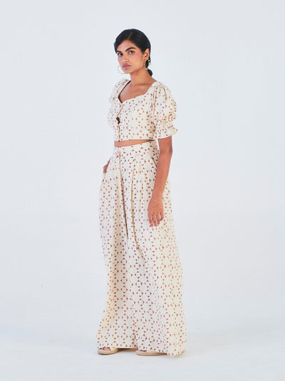 Releve Fashion Mogra Crop Top Wide Leg Trousers Set Off-White Geometric Print Sustainable Luxury Fashion Conscious Clothing Ethical Designer Brand Artisanal Handcrafted Purchase with Purpose Shop for Good