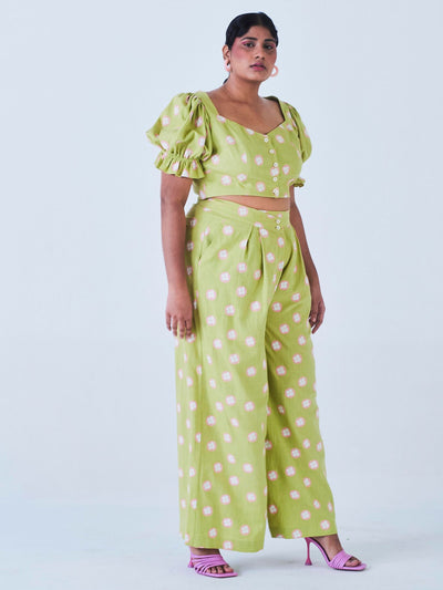 Releve Fashion Little Things Studio Mogra Crop Top and Trouser Co-ord Set Green Polka Dot and Floral Print Ethical Luxury Brand Sustainable Jewelry Conscious Fashion Purchase with Purpose Shop for Good