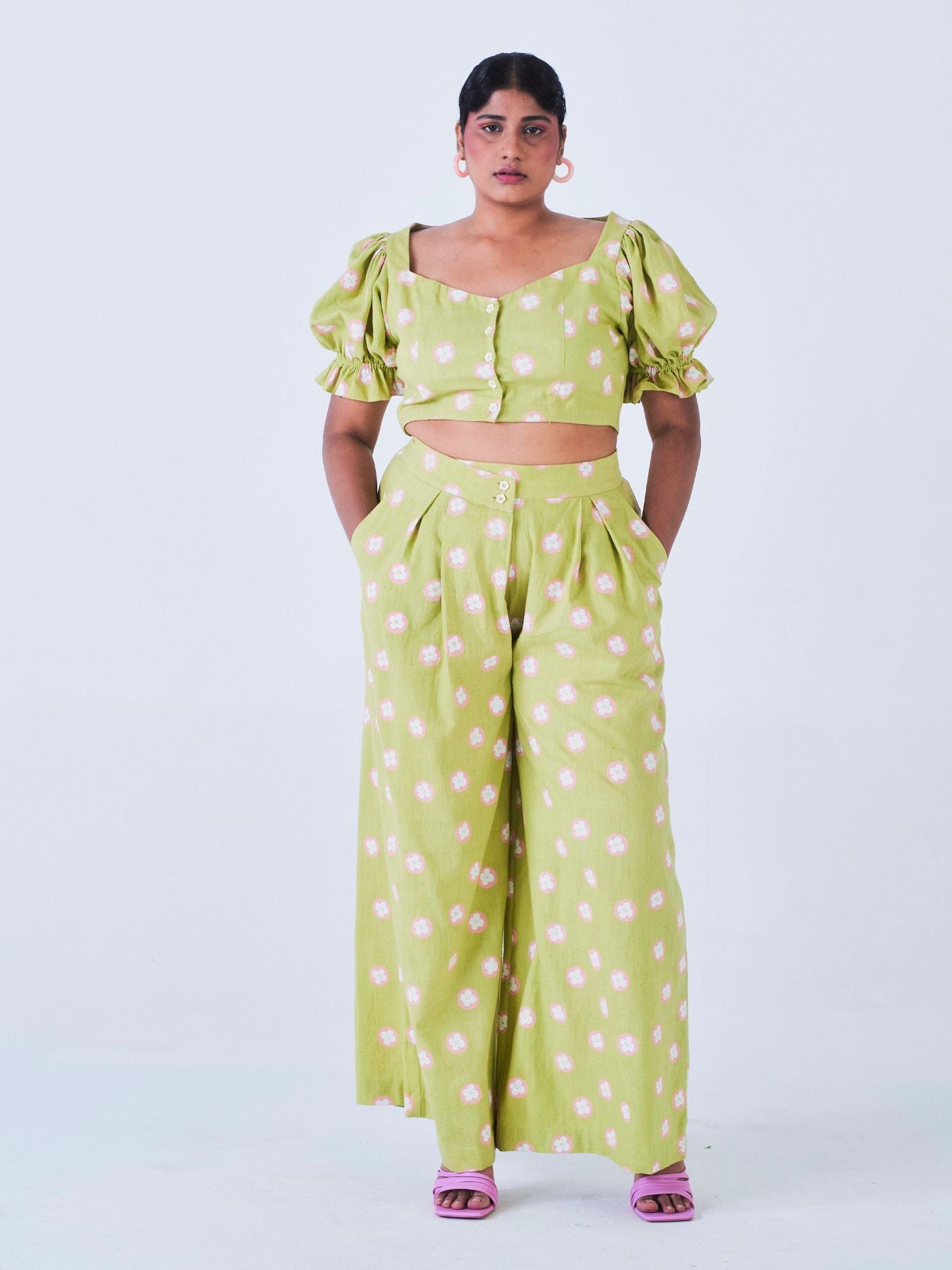Releve Fashion Little Things Studio Mogra Crop Top and Trouser Co-ord Set Green Polka Dot and Floral Print Ethical Luxury Brand Sustainable Jewelry Conscious Fashion Purchase with Purpose Shop for Good