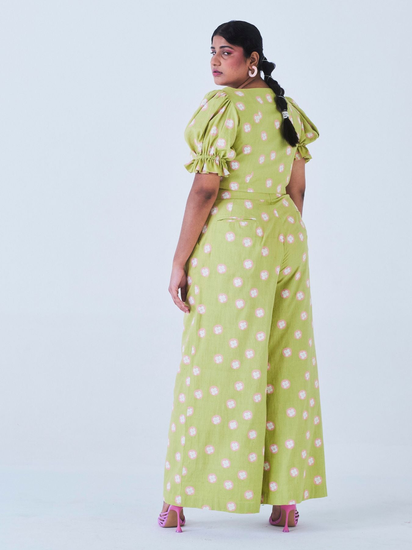 Releve Fashion Little Things Studio Mogra Crop Top and Trouser Co-ord Set Green Polka Dot and Floral Print Ethical Luxury Brand Sustainable Jewelry Conscious Fashion Purchase with Purpose Shop for Good