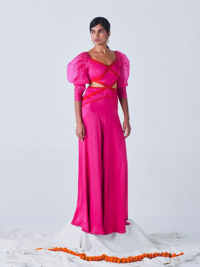Releve Fashion Nalini Cutout Dress Hot Pink Orange Fibre Fabric Sustainable Luxury Fashion Conscious Clothing Ethical Designer Brand Artisanal Handcrafted Purchase with Purpose Shop for Good