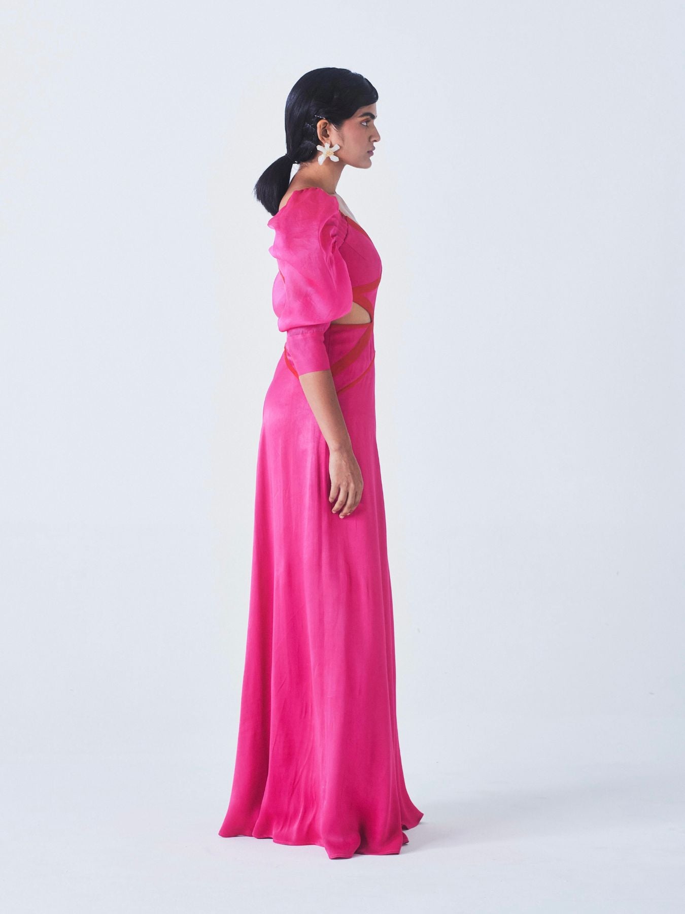 Releve Fashion Nalini Cutout Dress Hot Pink Orange Fibre Fabric Sustainable Luxury Fashion Conscious Clothing Ethical Designer Brand Artisanal Handcrafted Purchase with Purpose Shop for Good