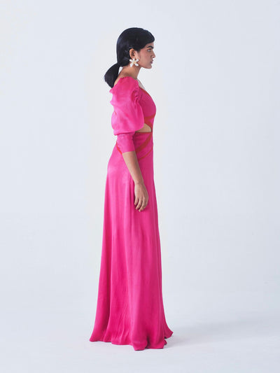 Releve Fashion Nalini Cutout Dress Hot Pink Orange Fibre Fabric Sustainable Luxury Fashion Conscious Clothing Ethical Designer Brand Artisanal Handcrafted Purchase with Purpose Shop for Good