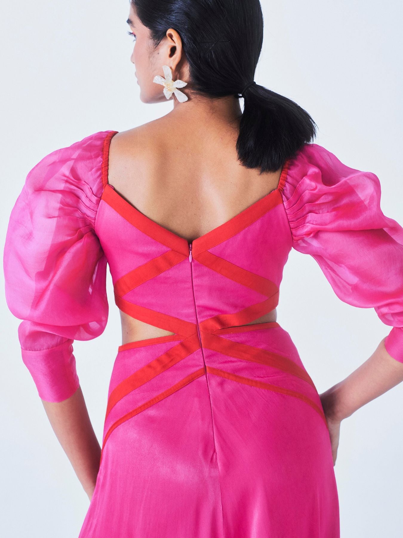 Releve Fashion Nalini Cutout Dress Hot Pink Orange Fibre Fabric Sustainable Luxury Fashion Conscious Clothing Ethical Designer Brand Artisanal Handcrafted Purchase with Purpose Shop for Good