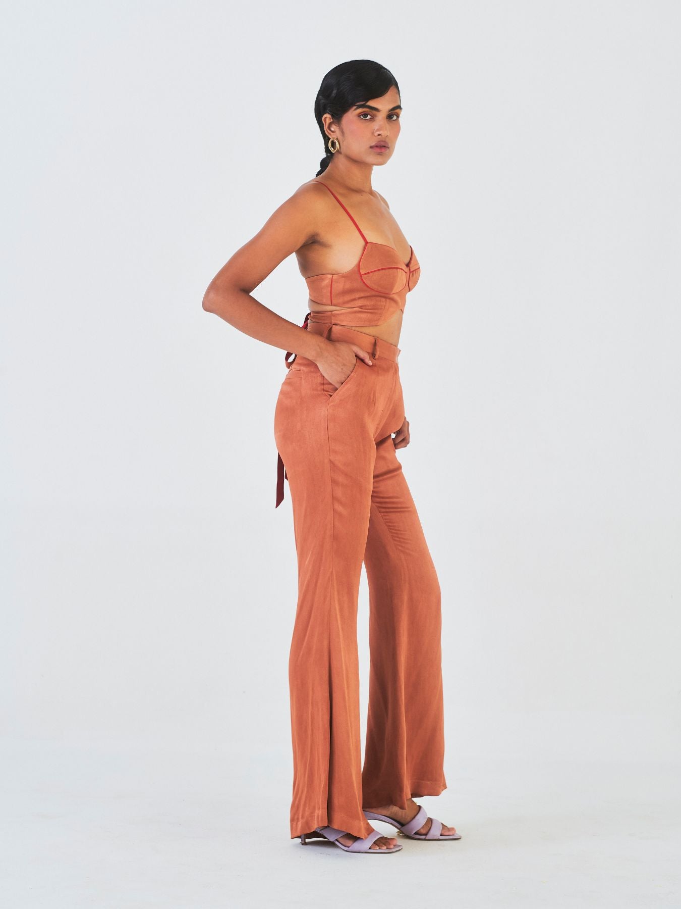 Releve Fashion Little Things Studio Molshri Orange Fibre Fabric Bra Top and Trouser Set in Brown Ethical Luxury Brand Sustainable Clothing Conscious Fashion Purchase with Purpose Shop for Good