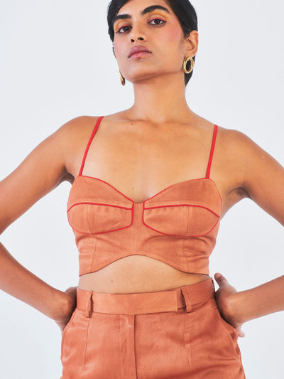 Releve Fashion Little Things Studio Molshri Orange Fibre Fabric Bra Top and Trouser Set in Brown Ethical Luxury Brand Sustainable Clothing Conscious Fashion Purchase with Purpose Shop for Good