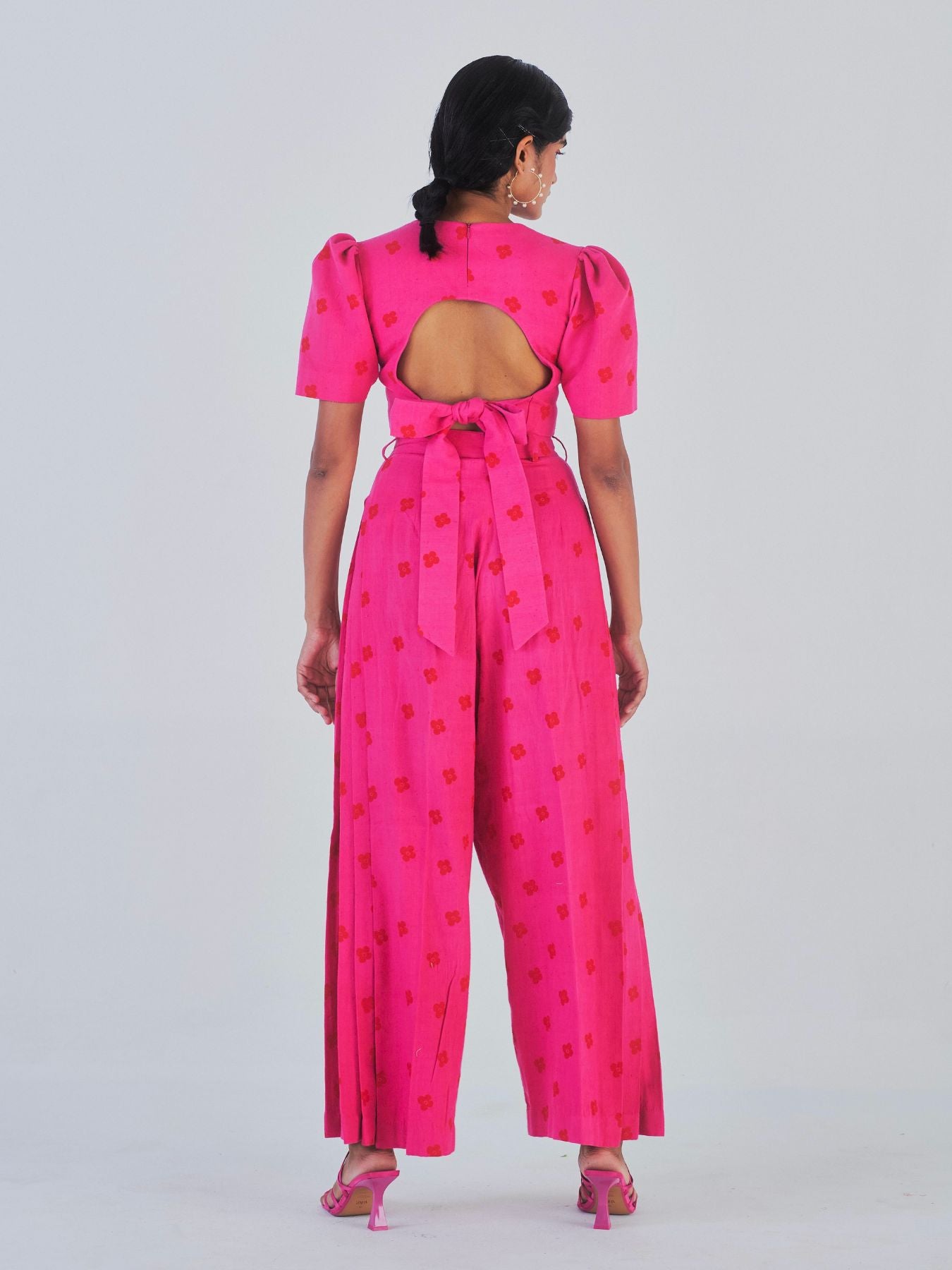 Releve Fashion Little Things Studio Padma Crop Top and Wide Leg Trouser Set Hot Pink Sustainable Luxury Fashion Conscious Clothing Ethical Designer Brand Artisanal Handcrafted Purchase with Purpose Shop for Good