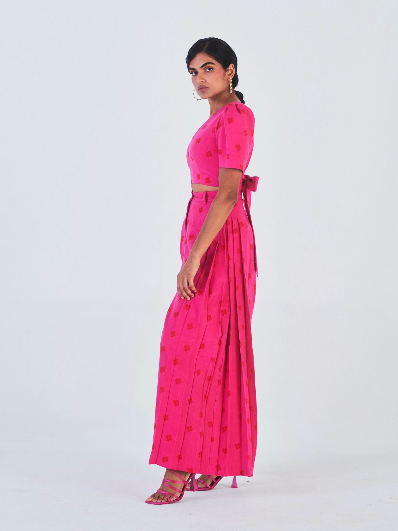 Releve Fashion Little Things Studio Padma Crop Top and Wide Leg Trouser Set Hot Pink Sustainable Luxury Fashion Conscious Clothing Ethical Designer Brand Artisanal Handcrafted Purchase with Purpose Shop for Good