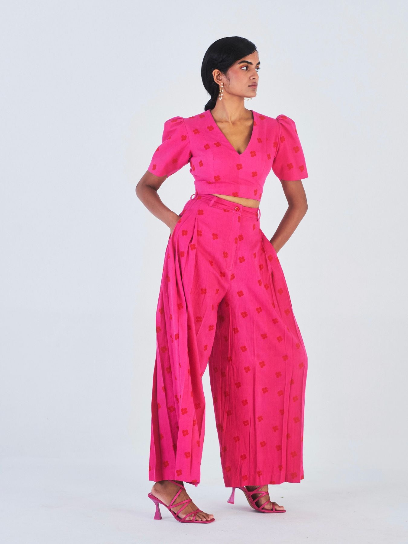 Releve Fashion Little Things Studio Padma Crop Top and Wide Leg Trouser Set Hot Pink Sustainable Luxury Fashion Conscious Clothing Ethical Designer Brand Artisanal Handcrafted Purchase with Purpose Shop for Good