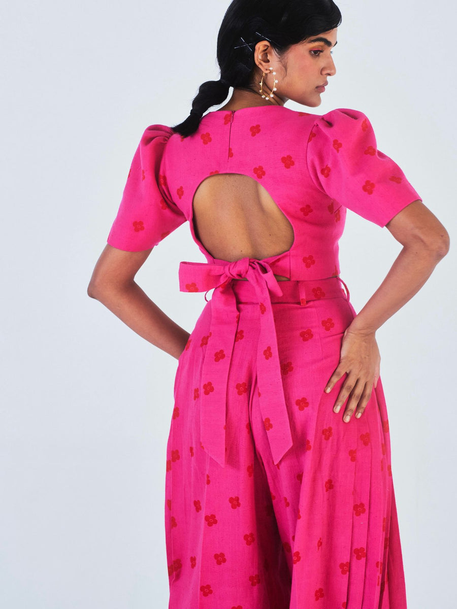 Releve Fashion Little Things Studio Padma Crop Top and Wide Leg Trouser Set Hot Pink Sustainable Luxury Fashion Conscious Clothing Ethical Designer Brand Artisanal Handcrafted Purchase with Purpose Shop for Good