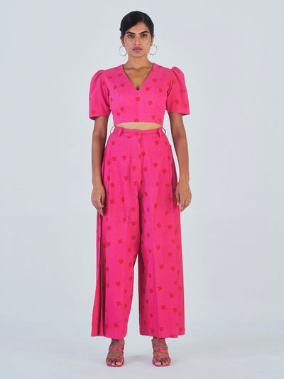 Releve Fashion Little Things Studio Padma Crop Top and Wide Leg Trouser Set Hot Pink Sustainable Luxury Fashion Conscious Clothing Ethical Designer Brand Artisanal Handcrafted Purchase with Purpose Shop for Good