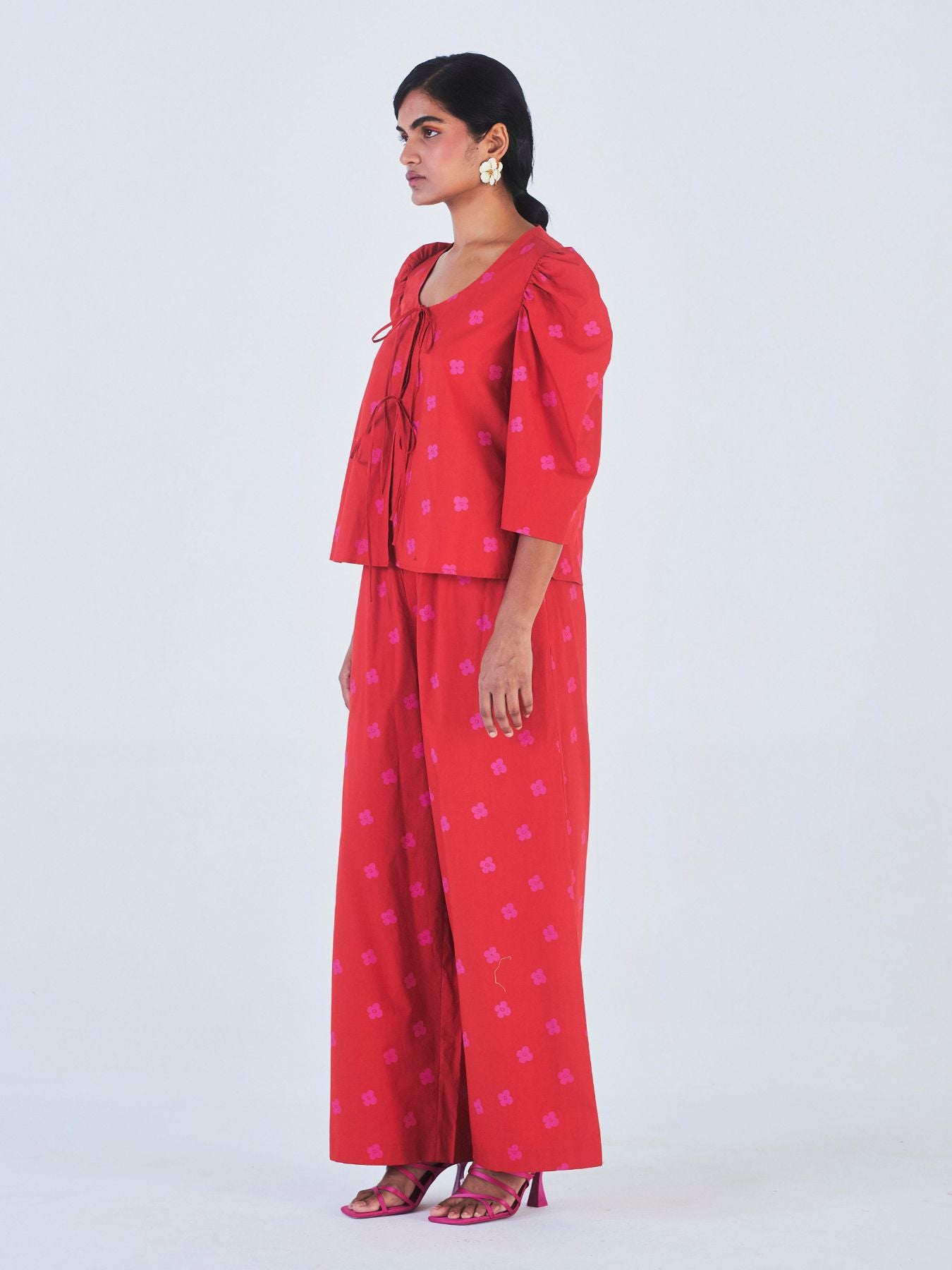 Releve Fashion Little Things Studio Pallash Top and Trouser Set in Red Floral Print Ethical Luxury Brand Sustainable Clothing Conscious Fashion Purchase with Purpose Shop for Good