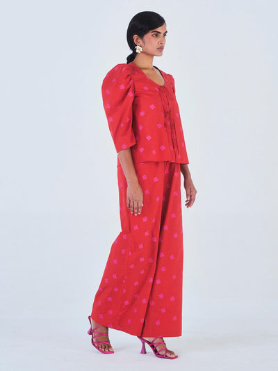 Releve Fashion Little Things Studio Pallash Top and Trouser Set in Red Floral Print Ethical Luxury Brand Sustainable Clothing Conscious Fashion Purchase with Purpose Shop for Good