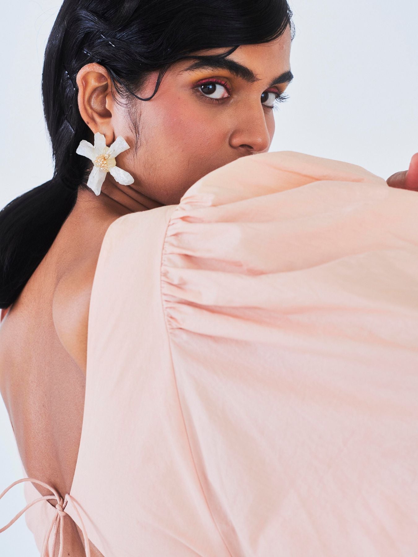 Releve Fashion Little Things Studio Pankhi Cotton Poplin Midi Dress in Peach Sustainable Luxury Fashion Conscious Clothing Ethical Designer Brand Artisanal Handcrafted Purchase with Purpose Shop for Good