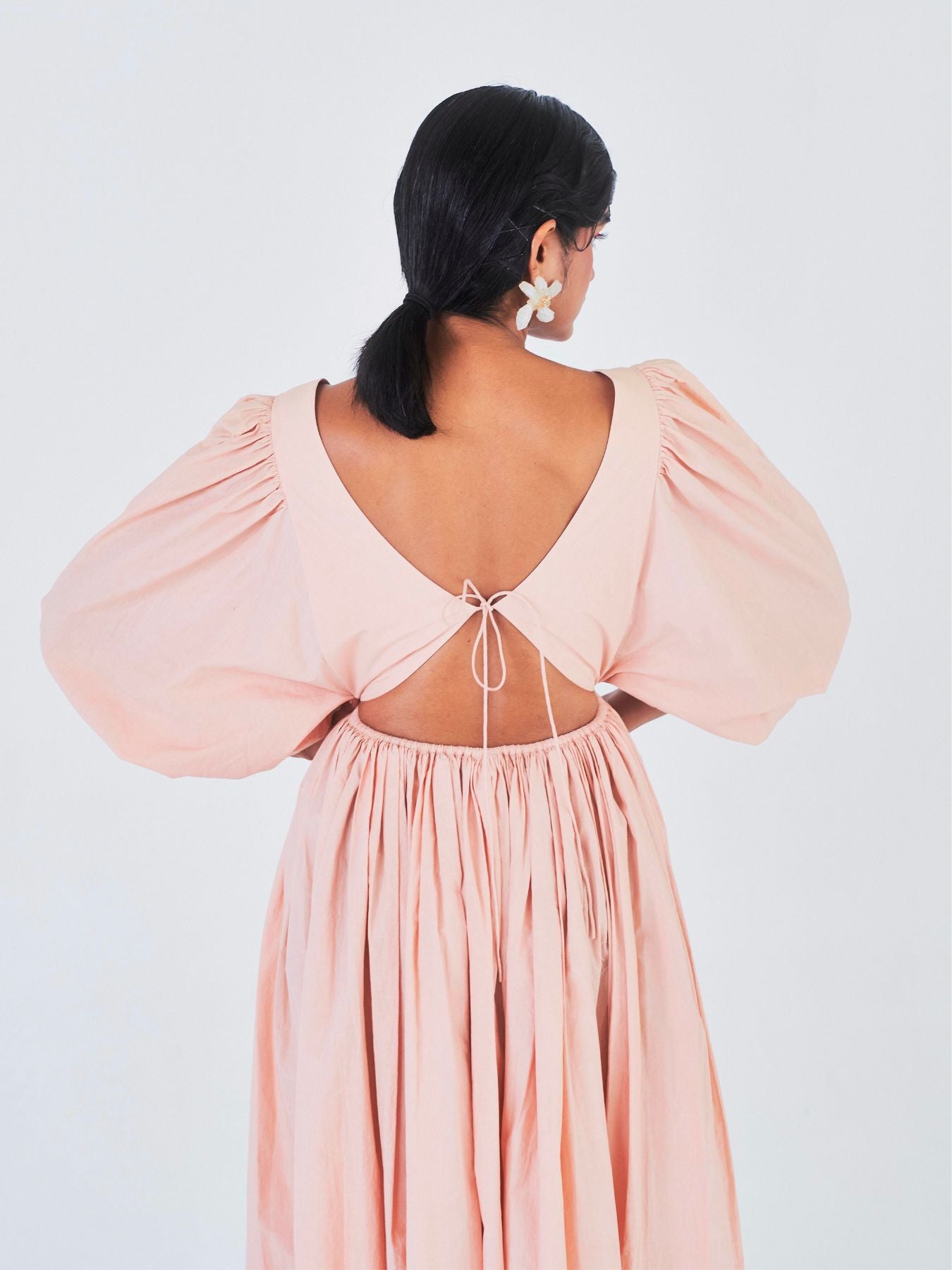 Releve Fashion Little Things Studio Pankhi Cotton Poplin Midi Dress in Peach Sustainable Luxury Fashion Conscious Clothing Ethical Designer Brand Artisanal Handcrafted Purchase with Purpose Shop for Good