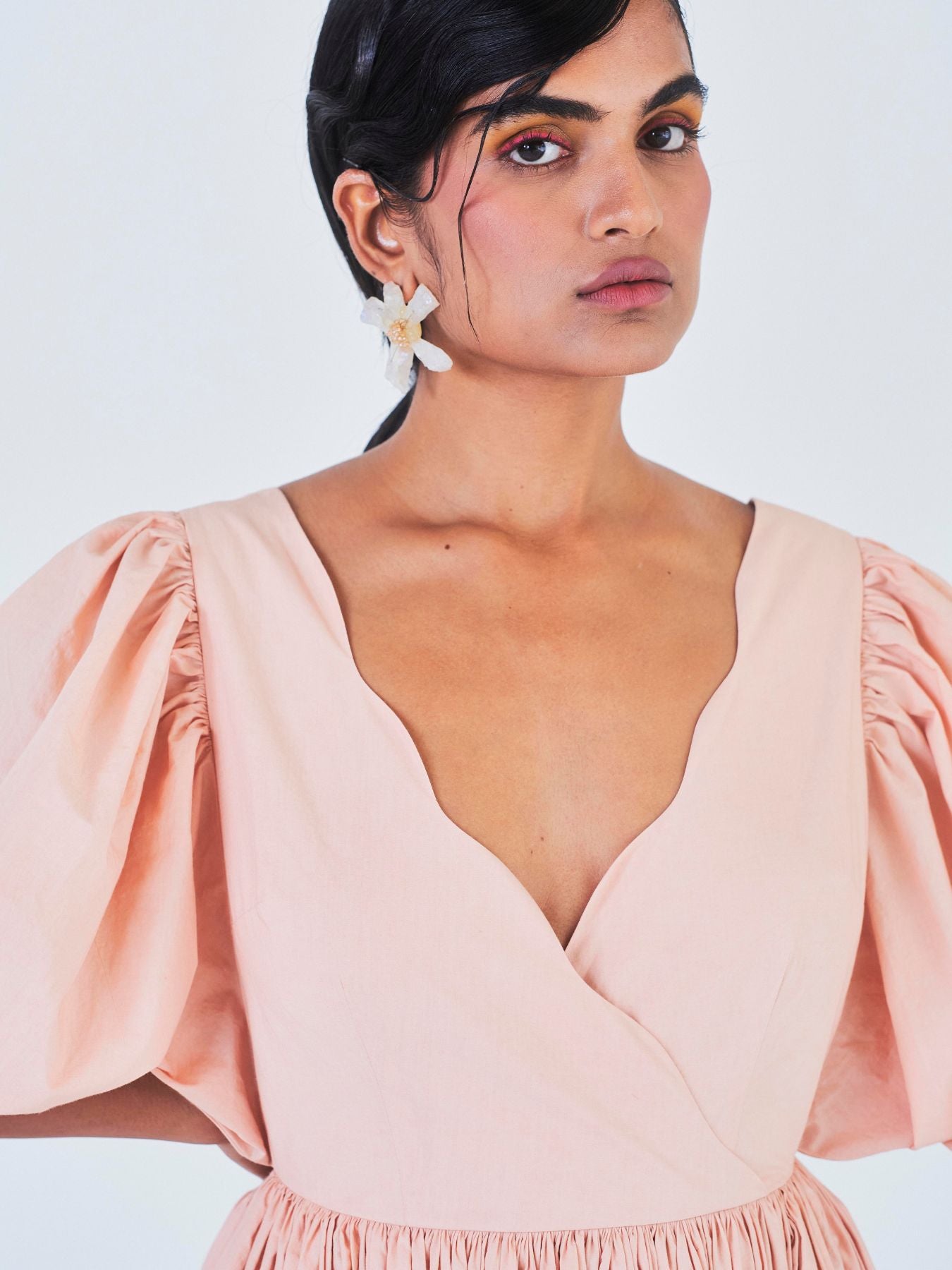 Releve Fashion Little Things Studio Pankhi Cotton Poplin Midi Dress in Peach Sustainable Luxury Fashion Conscious Clothing Ethical Designer Brand Artisanal Handcrafted Purchase with Purpose Shop for Good