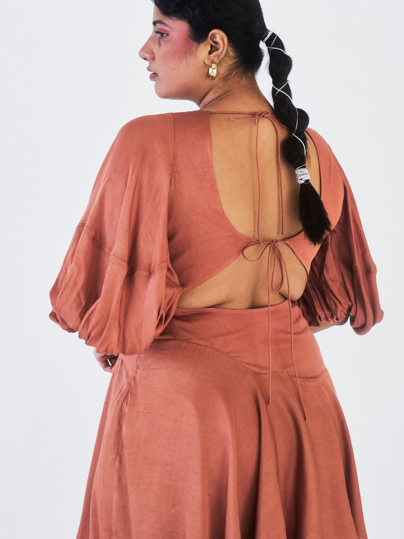 Releve Fashion Little Things Studio Parijaat Rose Fibre Fabric Dress in Brown Ethical Luxury Brand Sustainable Clothing Conscious Fashion Purchase with Purpose Shop for Good