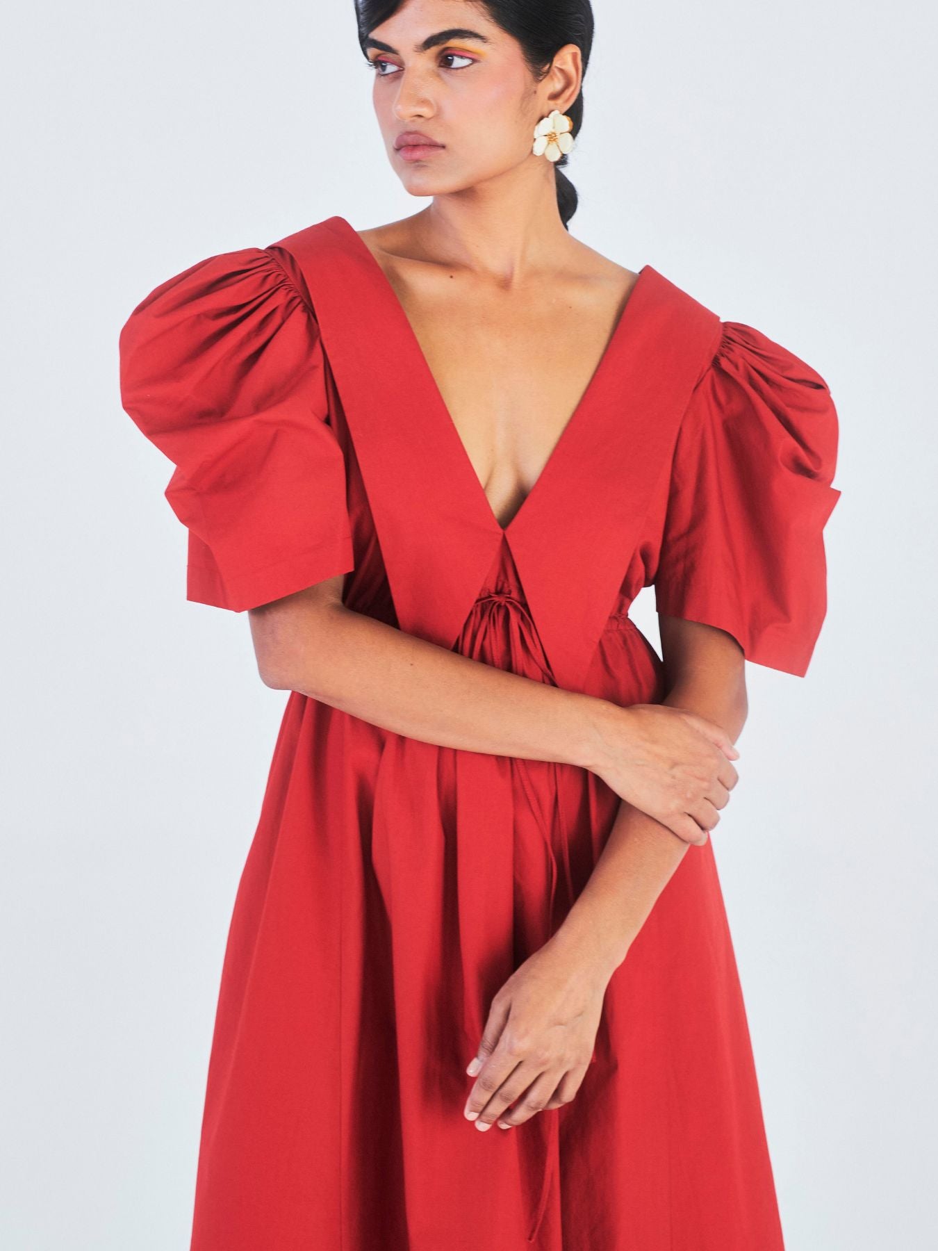 Releve Fashion Little Things Studio Rukmini Cotton Collared Dress Bright Red Sustainable Luxury Fashion Conscious Clothing Ethical Designer Brand Artisanal Handcrafted Purchase with Purpose Shop for Good