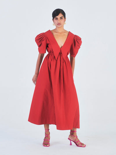 Releve Fashion Little Things Studio Rukmini Cotton Collared Dress Bright Red Sustainable Luxury Fashion Conscious Clothing Ethical Designer Brand Artisanal Handcrafted Purchase with Purpose Shop for Good