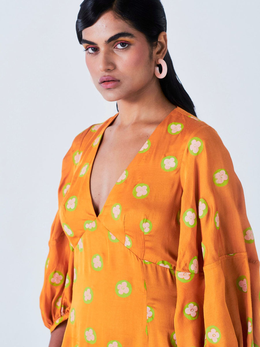 Releve Fashion Little Things Studio Saanj Rose Fibre Fabric Dress in Orange and Green Floral and Polka Dot Print Sustainable Luxury Fashion Conscious Clothing Ethical Designer Brand Artisanal Handcrafted Purchase with Purpose Shop for Good