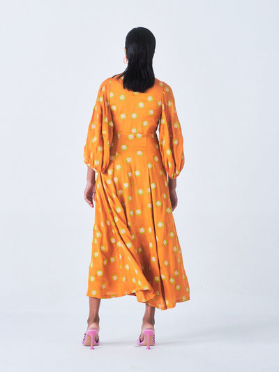 Releve Fashion Little Things Studio Saanj Rose Fibre Fabric Dress in Orange and Green Floral and Polka Dot Print Sustainable Luxury Fashion Conscious Clothing Ethical Designer Brand Artisanal Handcrafted Purchase with Purpose Shop for Good