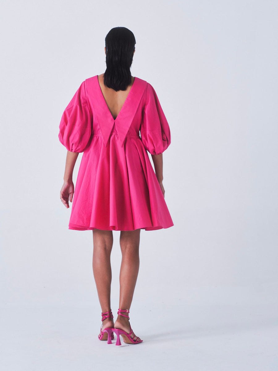 Releve Fashion Little Things Studio Sada Bahar Cotton Poplin Dress in Hot Pink Sustainable Luxury Fashion Conscious Clothing Ethical Designer Brand Artisanal Handcrafted Purchase with Purpose Shop for Good