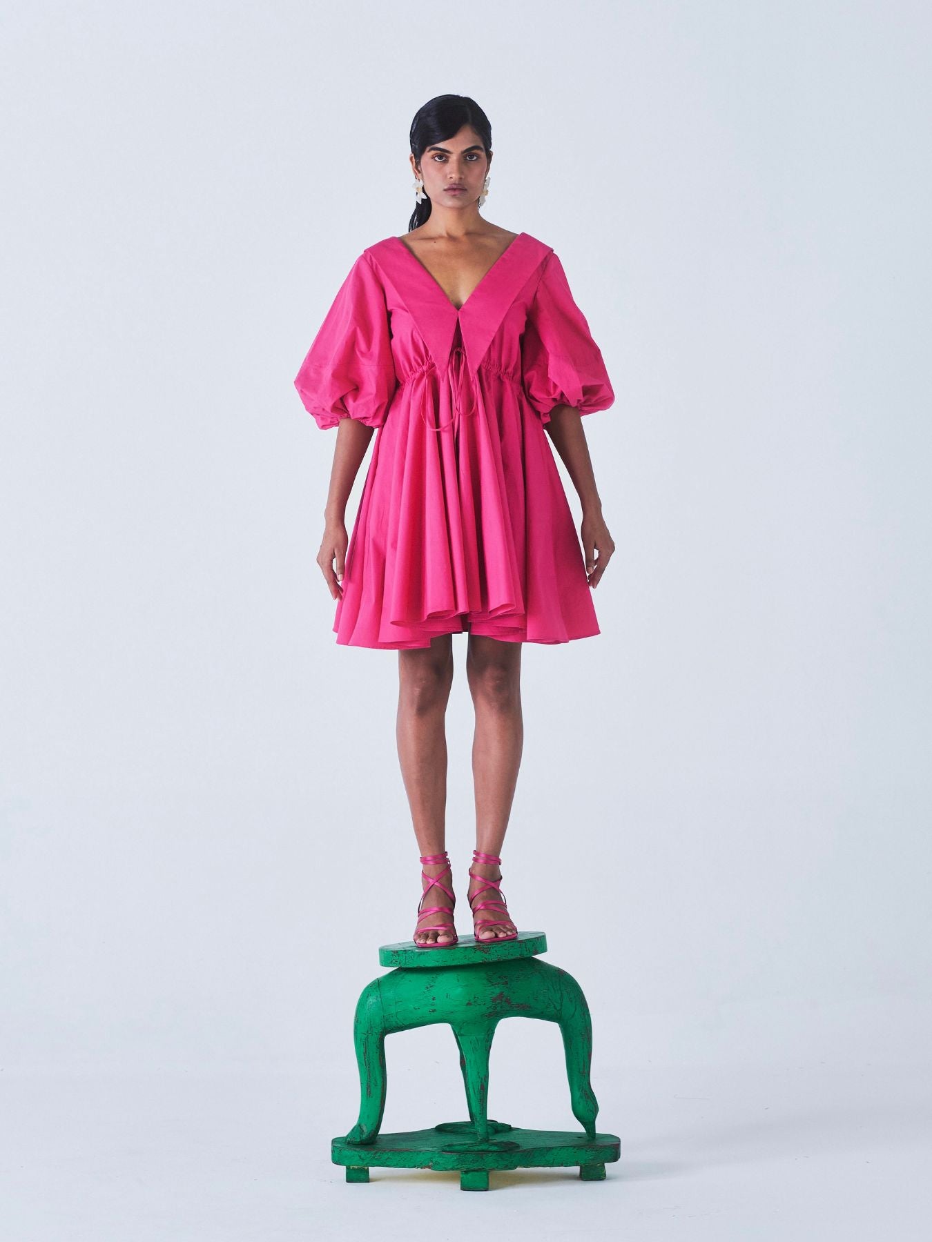 Releve Fashion Little Things Studio Sada Bahar Cotton Poplin Dress in Hot Pink Sustainable Luxury Fashion Conscious Clothing Ethical Designer Brand Artisanal Handcrafted Purchase with Purpose Shop for Good