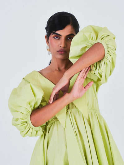Releve Fashion Little Things Studio Sada Bahar Cotton Poplin Dress in Lime Green Sustainable Luxury Fashion Conscious Clothing Ethical Designer Brand Artisanal Handcrafted Purchase with Purpose Shop for Good