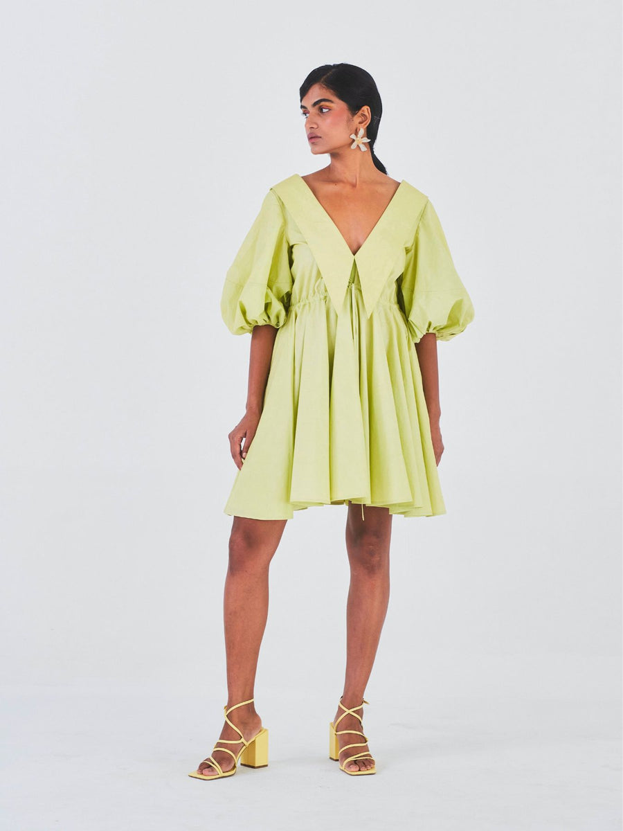 Releve Fashion Little Things Studio Sada Bahar Cotton Poplin Dress in Lime Green Sustainable Luxury Fashion Conscious Clothing Ethical Designer Brand Artisanal Handcrafted Purchase with Purpose Shop for Good