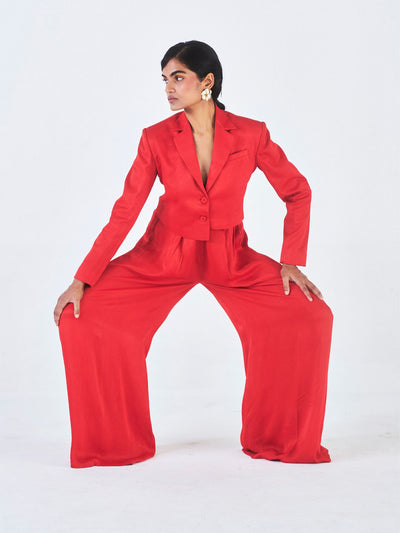 Releve Fashion Little Things Studio Tara Orange Fibre Fabric Trouser Suit in Red Sustainable Luxury Fashion Conscious Clothing Ethical Designer Brand Artisanal Handcrafted Purchase with Purpose Shop for Good