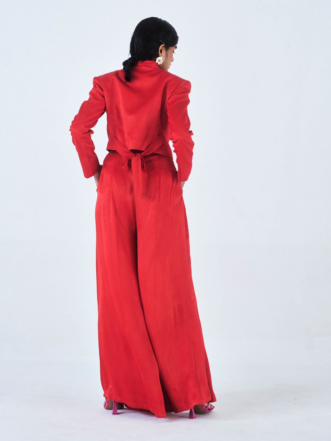 Releve Fashion Little Things Studio Tara Orange Fibre Fabric Trouser Suit in Red Sustainable Luxury Fashion Conscious Clothing Ethical Designer Brand Artisanal Handcrafted Purchase with Purpose Shop for Good