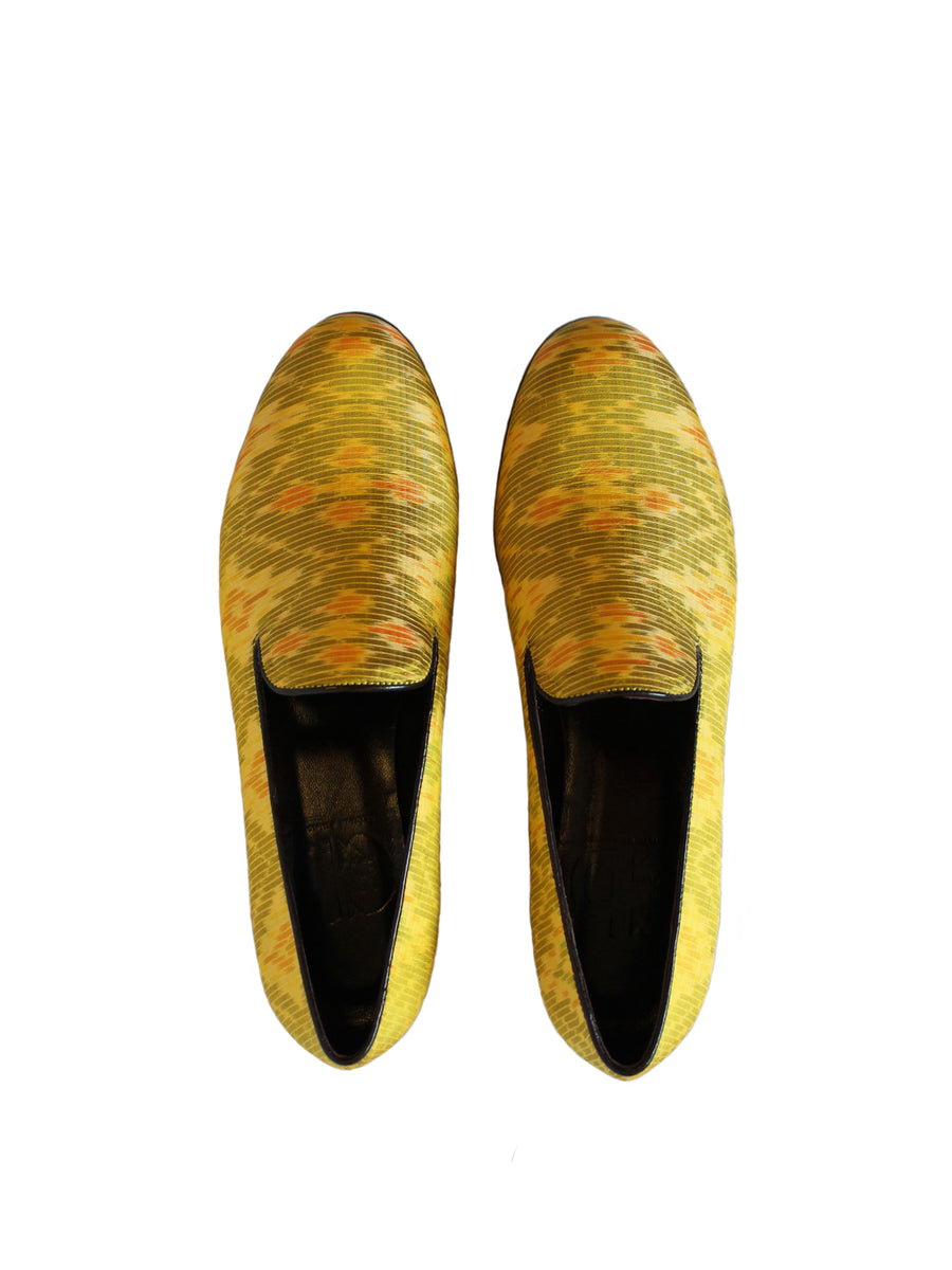 Releve Fashion Muzungu Sisters Cecilia Bringheli Yellow Ikat Printed Loafers Smoking Slippers Ethical Designers Sustainable Fashion Brand Handmade Artisanal Positive Fashion Purchase with Purpose Shop for Good