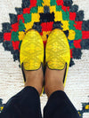 Releve Fashion Muzungu Sisters Cecilia Bringheli Yellow Ikat Printed Loafers Smoking Slippers Ethical Designers Sustainable Fashion Brand Handmade Artisanal Positive Fashion Purchase with Purpose Shop for Good
