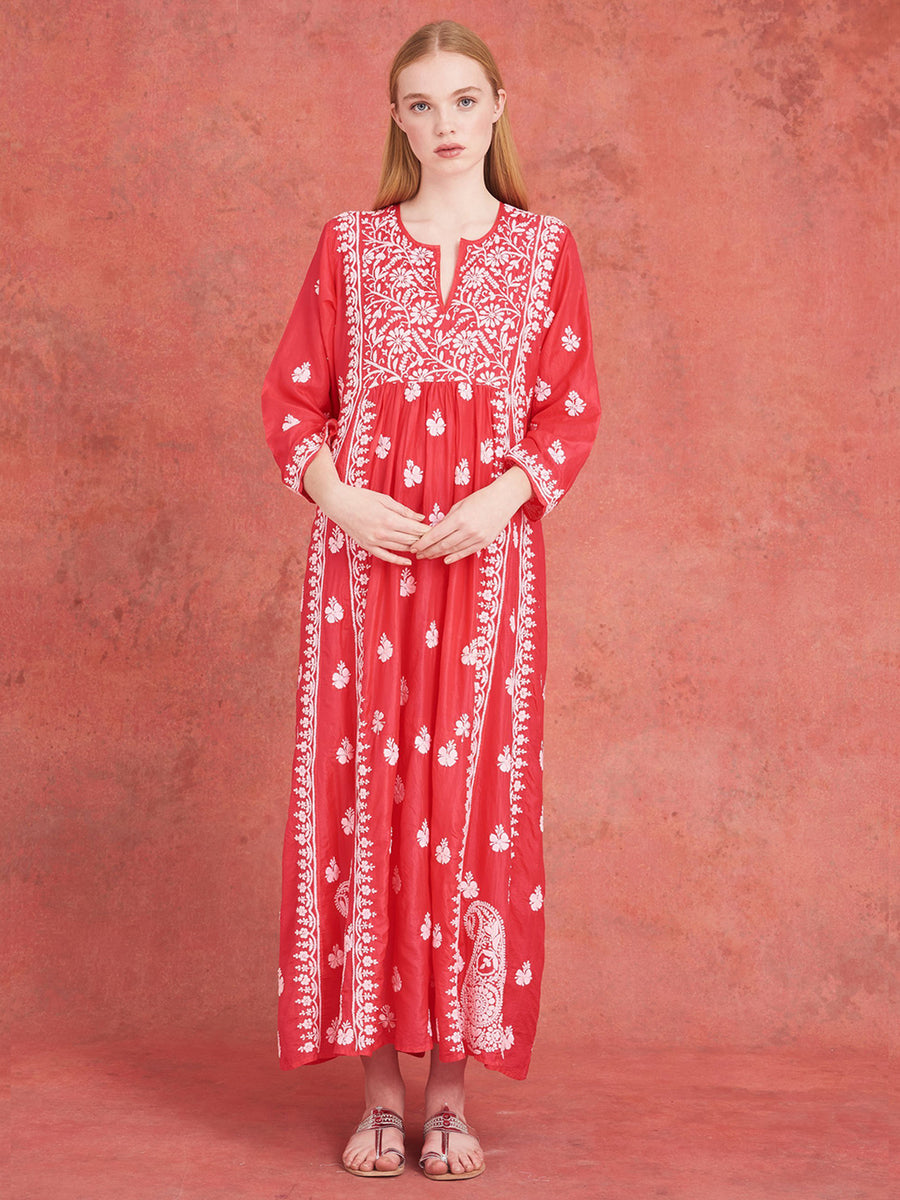 Releve Fashion Muzungu Sisters Pink Embroidered Silk Dress Ethical Designers Sustainable Fashion Brand Handmade Artisanal Positive Fashion Conscious Luxury Purchase with Purpose Shop for Good