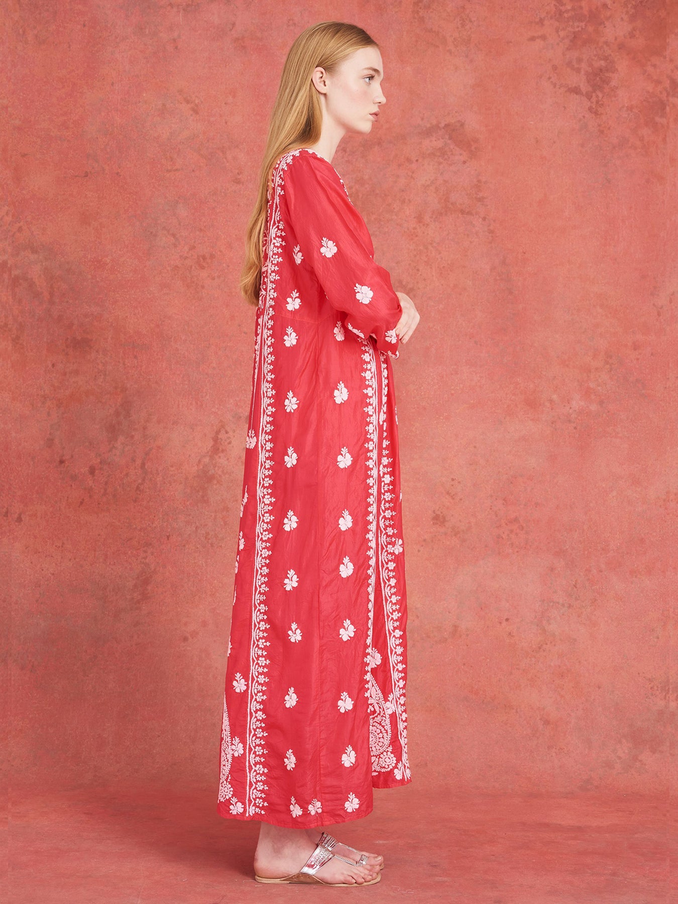 Releve Fashion Muzungu Sisters Pink Embroidered Silk Dress Ethical Designers Sustainable Fashion Brand Handmade Artisanal Positive Fashion Conscious Luxury Purchase with Purpose Shop for Good