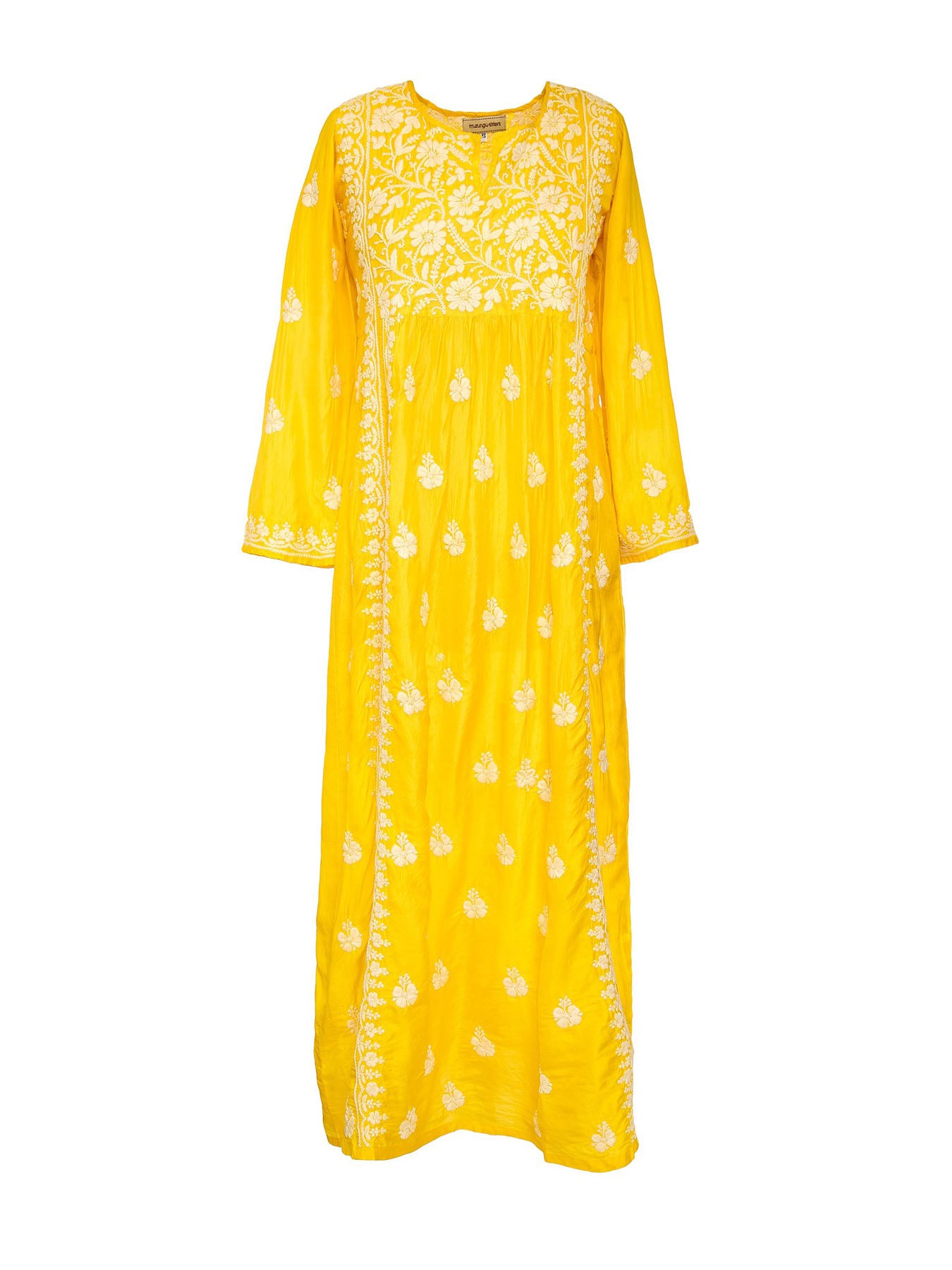 Releve Fashion Muzungu Sisters Yellow Embroidered Silk Dress Ethical Designers Sustainable Fashion Brand Handmade Artisanal Positive Fashion Purchase with Purpose Shop for Good