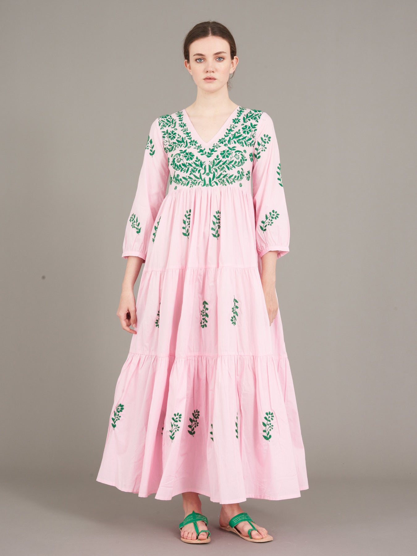 Releve Fashion Muzungu Sisters Pink Frangipani Embroidered Cotton Dress Ethical Designers Sustainable Fashion Brand Handmade Artisanal Positive Fashion Conscious Luxury Purchase with Purpose Shop for Good
