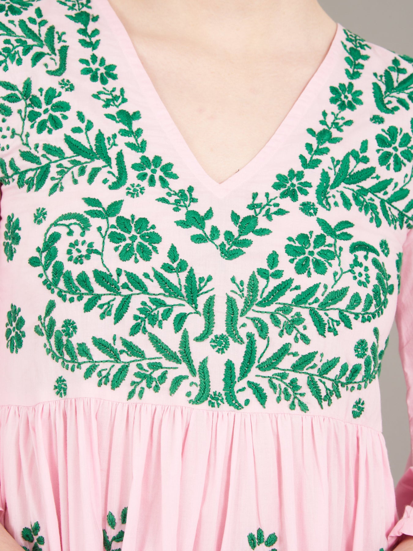 Releve Fashion Muzungu Sisters Pink Frangipani Embroidered Cotton Dress Ethical Designers Sustainable Fashion Brand Handmade Artisanal Positive Fashion Conscious Luxury Purchase with Purpose Shop for Good