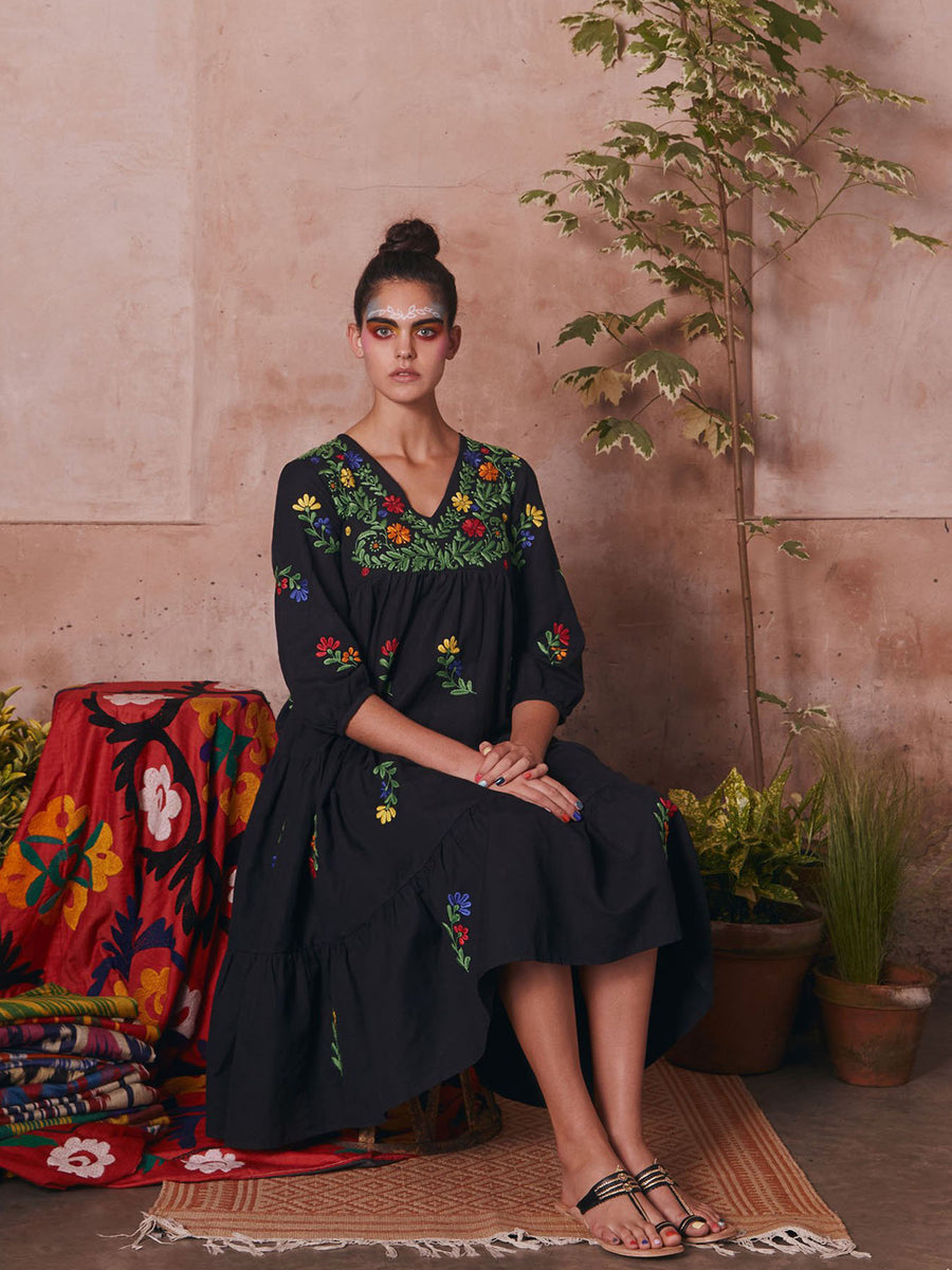 Releve Fashion Muzungu Sisters Black Frangipani Organic Cotton Hand-Embroidered Dress Ethical Designers Sustainable Fashion Brand Handmade Artisanal Positive Fashion Conscious Luxury Purchase with Purpose Shop for Good